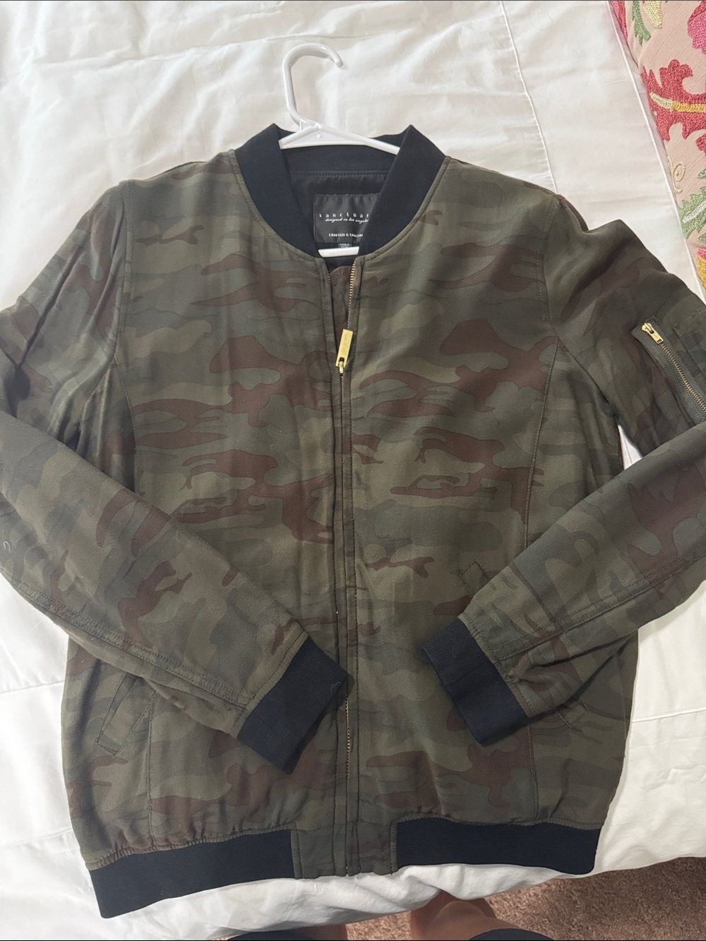 Sanctuary Olive Green Camo Bomber Jacket with Black Trim